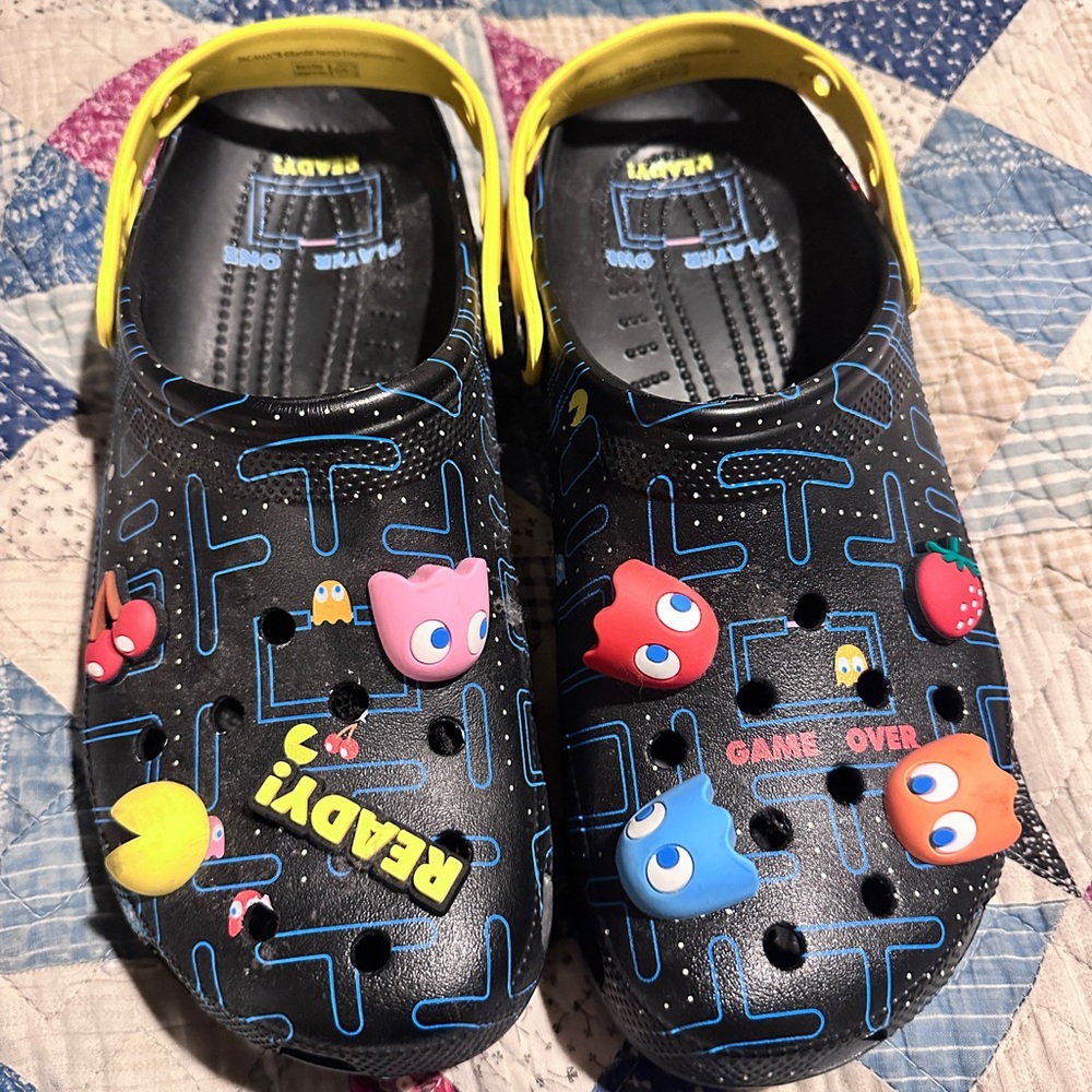 CROCS Black Pac-Man Graphic Clogs with Yellow Heel Strap